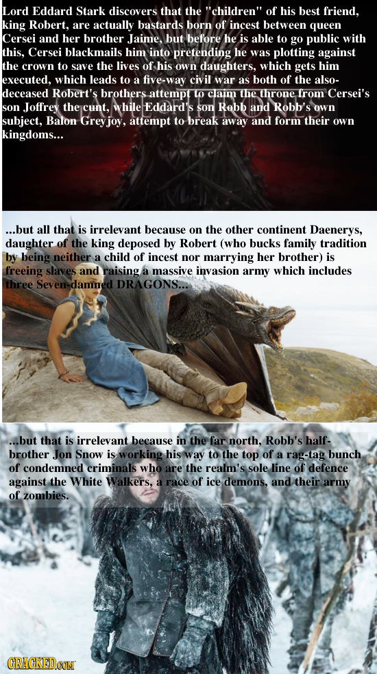 Lord Eddard Stark discovers that the ''children of his best friend, king Robert, are actually bastards born of incest between queen Cersei and her br