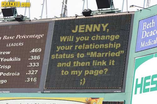 CRACKED HOM JENNY, Beth Deac Base Percentage Will you change LEADERS your relationship Medical 469 rew status to uMarried's Youkilis .386 and then lin