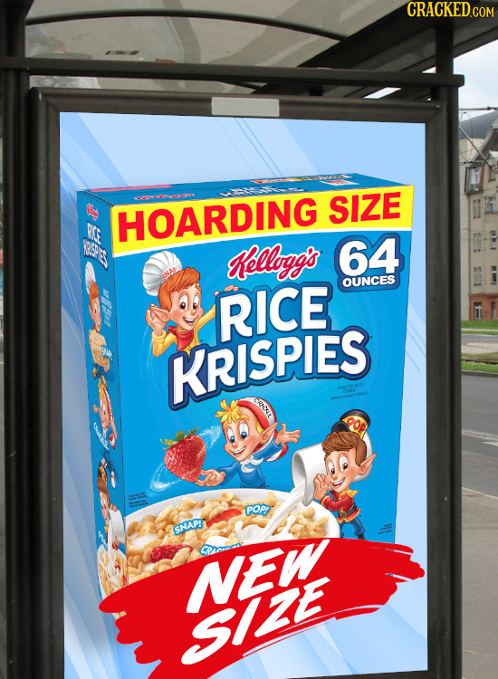CRACKED.COM SIZE NCE HOARDING 8 Kelloggs 64 OUNCES RICE KRISPIES CRCE POPL SNAPI NEW SIZE 
