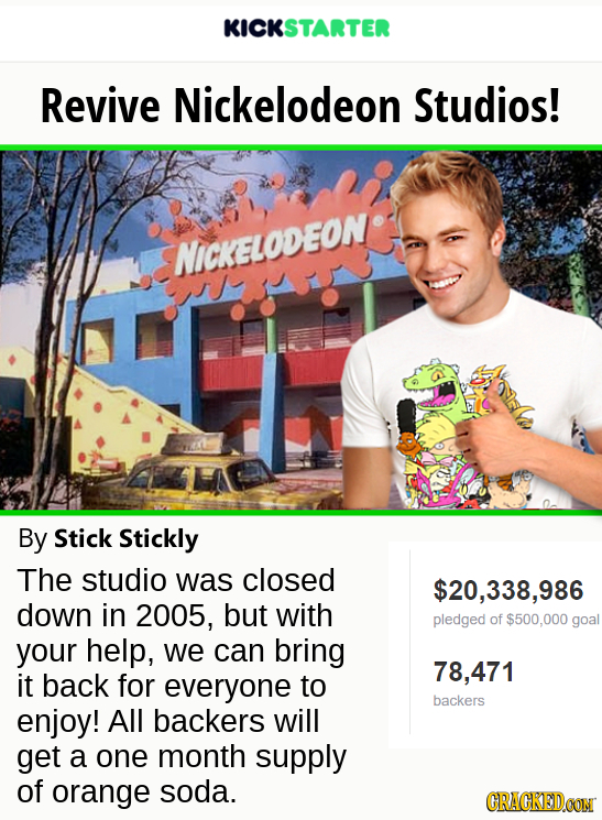 KICKSTARTER Revive Nickelodeon Studios! NICKELODEON By Stick Stickly The studio was closed $20,338,986 down in 2005, but with pledged of $500,000 goal