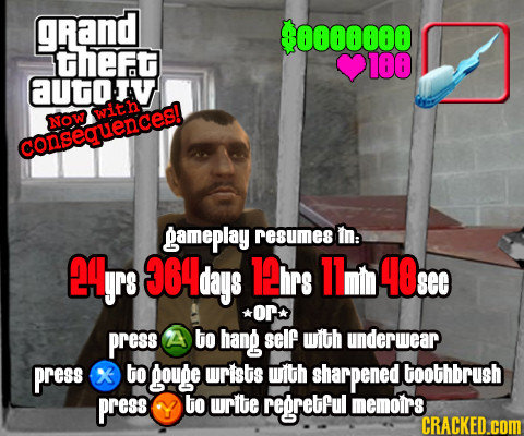 gRand $0000000 theFt 100 aUtiv with Now consequences! gameplay resumes m: CgrS 364 days 1irs 11m 40: See or press A to hang self with underwear press