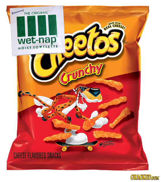 III THE ORIGINAL beto3 WIn MADE CHEESE REAL wet-nap MOIST Uetas TOWELETTE Crunchy Ccce TSA CHEESE FLAVORED SNACKS CRACKEDCON