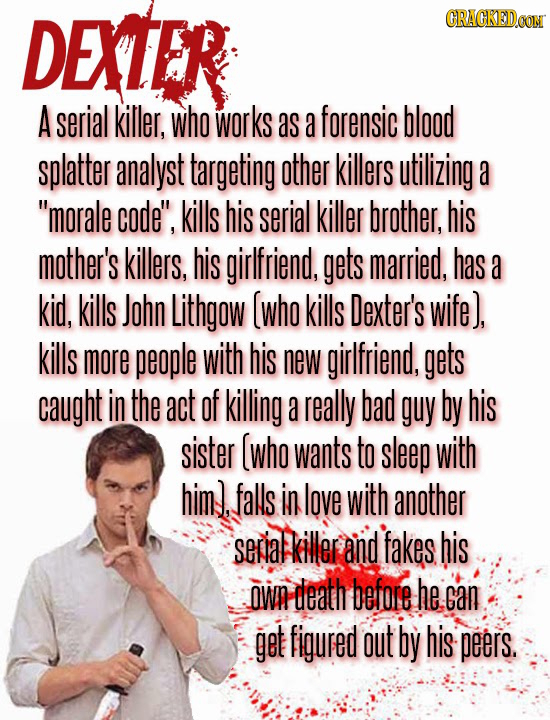 DEXTER CRACKEDOON A serial killer, who works as a forensic blood splatter analyst targeting other killers utilizing a morale code, kills his serial