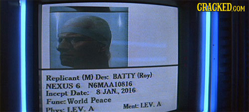 CRACKED COM Replicant (M) Des: BATTY (Roy) NEXUS 6 N6MAA10816 Incept Date: 8 JAN.. 2016 Func: World Peace A Ment: LEV Phs LEV. A