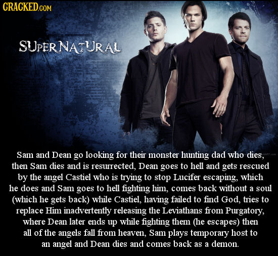 CRACKED.COM SUPERNATURAL Sam and Dean go looking for their monster hunting dad who dies, then Sam dies and is resurrected, Dean goes to hell and gets 