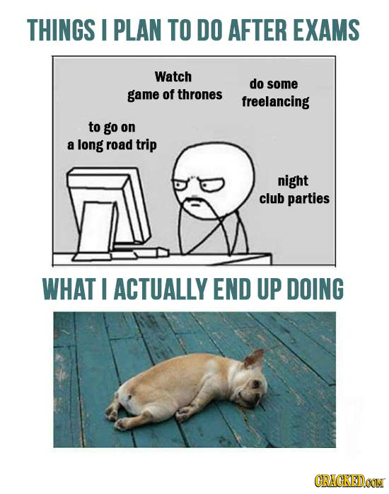THINGS I PLAN TO DO AFTER EXAMS Watch do some game of thrones freelancing to go on a long road trip night club parties WHAT I ACTUALLY END UP DOING CR