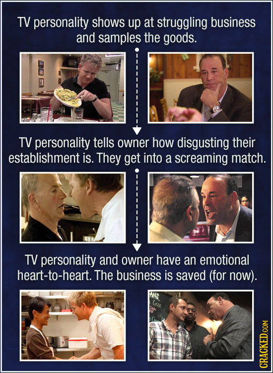 TV personality shows up at struggling business and samples the goods. TV personality tells owner how disgusting their establishment is. They get into