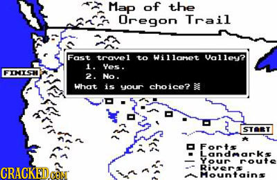 Map of the Oregon Trail Fost travel 1 to Willomet olley? 1. Yes. FIHISH 2. No. What is your choice? BE STORT Forte Landarke O route CRACKEDDc CONT Mou