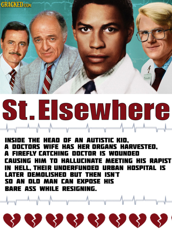 St. EIsewhere INSIDE THE HEAD OF AN AUTISTIC KID, A DOCTORS WIFE HAS HER ORGANS HARVESTED. A FIREFLY CATCHING DOCTOR IS WOUNDED CAUSING HIM TO HALLUCI