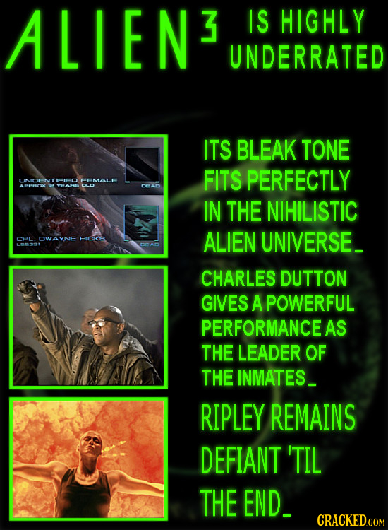 ALIEN 3 IS HIGHLY UNDERRATED ITS BLEAK TONE FITS PERFECTLY LINIDEN IFIED FEMALE APO YHARES IN THE NIHILISTIC CPL. WANE HICKE ALIEN UNIVERSE_ 1T CHARLE