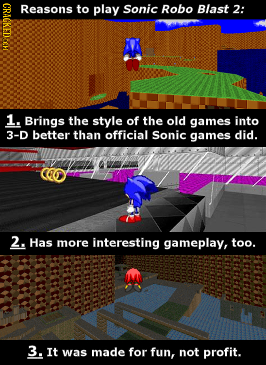 CRACKED COM Reasons to play Sonic Robo Blast 2: 1. Brings the style of the old games into 3-D better than official Sonic games did. 2. Has more intere