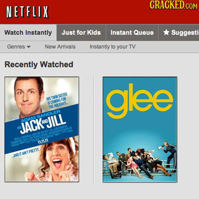 CRACKED.COM NETFLIX Watch Instantly Just for Kids Instant Queue Suggesti Genres New Arrivals Instantly to your TV Recently Watched glee OSTER BASTN FT