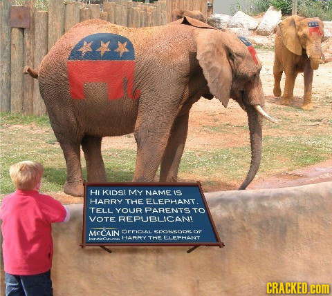 HI KIDS! MY NAME IS HARRY THE ELEPHANT TELL YOUR PARENTS TO VOTE REPUBLICANL MCCAIN OrrICLAL PONOR ow LARAY THE LLEPHANT CHcoer CRACKED.cOM 