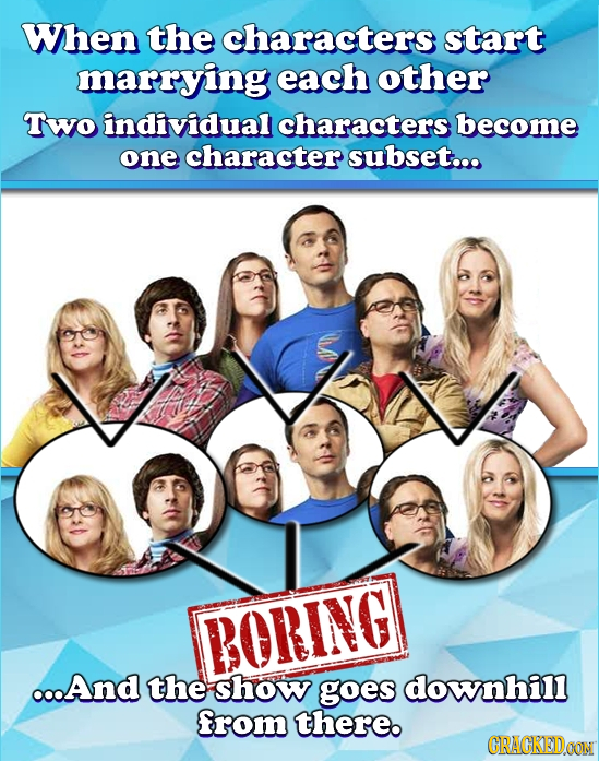 When the characters start marrying each other Two individual characters become one character subset... BORING o.And the show goes downhill from there.