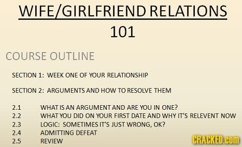 WIFE GIRLFRIEND RELATIONS 101 COURSE OUTLINE SECTION 1: WEEK ONE OF YOUR RELATIONSHIP SECTION 2: ARGUMENTS AND HOW TO RESOLVE THEM 2.1 WHAT IS AN ARGU