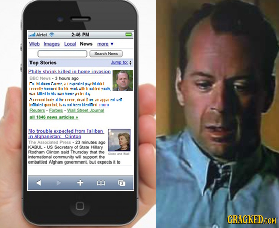 Airtel 2:46 PM Web Images Local News more Search Nees Top Stories Jumr so: Philly shrink killed in home invasion BBC News 3 hours ago Dr. Malomm Croe