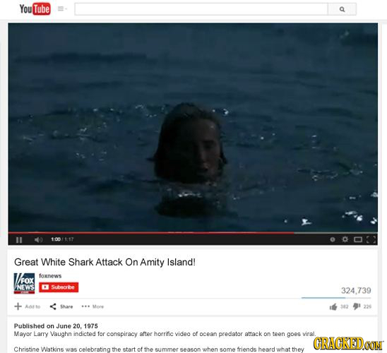 You Tube 100117 Great White Shark Attack On Amity Island! foxnews /FOX INEWS Subnorbe 324.739 INare 342 Published on June 20. 1975 Mayor Larry Vaughn