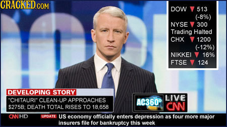 CRACKEDGOM DOW 513 (-8%) NYSE 300 Trading Halted CHX 1200 (-12%) NIKKEL 16% FTSE 124 DEVELOPING STORY LIVE CHITAURI CLEAN-UP APPROACHES AC360' $275B:
