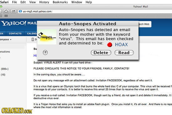 Safari File Edit View History Bookmarks Window Help Yahoo! Mail us-mgS.mail.yahoo.com/ YAHOO! MAIL Auto-Snopes Activated arch Web Auto-Snopes has dete
