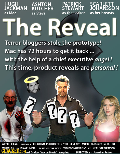 HUGH ASHTON PATRICK SCARLETT JACKMAN KUTCHER STEWART JOHANSSON as Mac Steve the Leaker her breasts as as as The Reveal Terror bloggers stole the proto