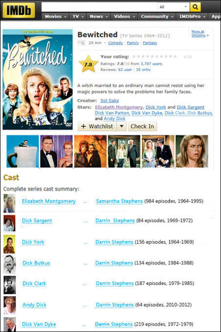 IMDb All Movies TV News Videos Community IMDbPro App Bewitched a CTV Senies 1964-2012) Peritehed MDbPe NG 25 Comedy Emty Fatasy Your rating: /10 7.8 R