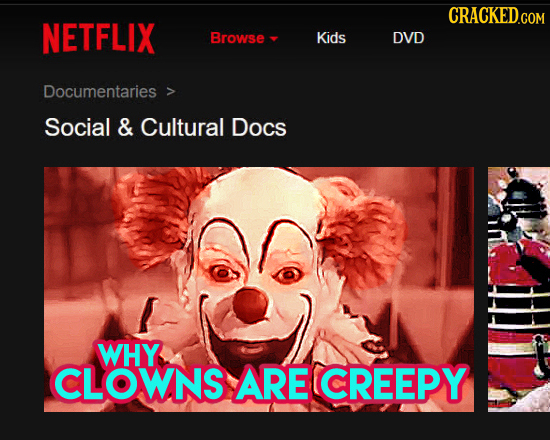 CRACKED.COM NETFLIX Browse Kids DVD Documentaries Social & Cultural Docs WHY CLOWNS ARE CREEPY 