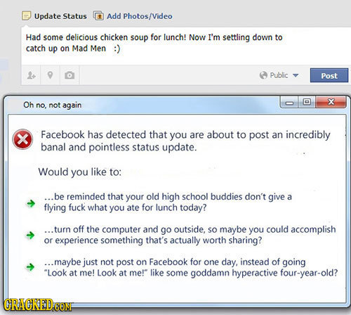 Update Status Add Photos/Video Had some delicious chicken soup for lunch! Now I'm settling down to catch up on Mad Men :) Public Post x Oh no, not aga