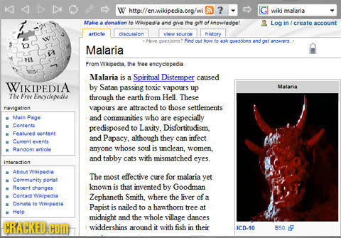 W http-//en.wikipedia.org/wi wiki malaria Afakee a donafion o Wiwipedia and give the gift of Aonowledicef 2 Log in ereste account artiele disoussion v