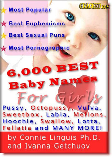 Most Popular Best Euphemisms Best Sexual Puns Most Pornographic BEST 6.000 Baby Names For Gurls Pussy, Octopussy, vulva, Sweetbox, Labia, Mellons, Hoo
