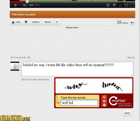 001/013 This video is public. Like Add fn Share 38 8views .t Show msote Alr Comments 0) SAA all lololol no way i totes h8 dis video bros wtf no nyanca