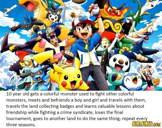 10 year old gets a colorful monster used to fight other colorful monsters, meets and befriends a boy and girl and travels with them, travels the land