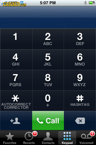 CRACKEDO 5:07 PM OONL 1 2 3 ABC DEF 4 5 6 GHI JKL MNO 7 8 9 PQRS TUV WXYZ O # AUTOCORRECT HASHTAG CORRECTOR Call X 1 5 Favorites Recents Contacts Keyp