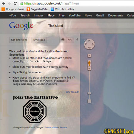 C Ahttps//maps.google.co.uk/maps?hl=en Orange webmail Suggested Sites Web Slice Gallery +You Search Images Maps Play YouTube News Gmail Documents Cale