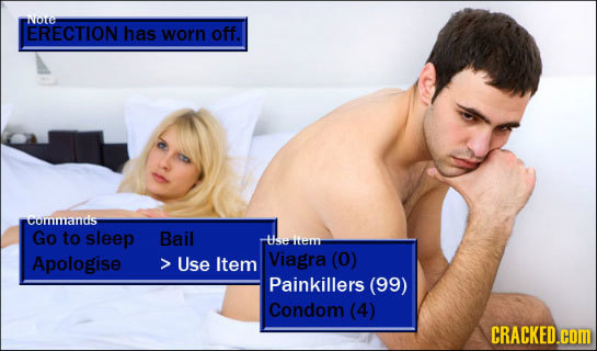 oite ERECTION has worn off. Cmmands Go to sleep Bail tse item Apologise Use Item Viagra (0) Painkillers (99) Condom (4) CRACKED.cOM