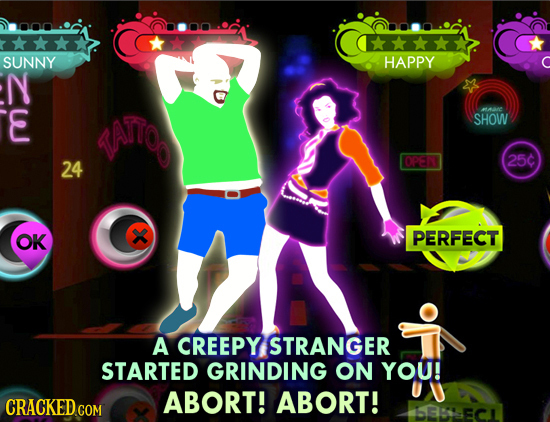 SUNNY HAPPY N E E ATT0 ATAC SHOW 24 OPEN 25C OK PERFECT A CREEPY STRANGER STARTED GRINDING ON YOU! CRACKED COM ABORT! ABORT! 53Ec