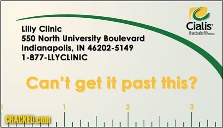 Cialis Lilly Clinic (tadalafl)tt 550 North University Boulevard Indianapolis, IN 46202-5149 1-877-LLYCLINIC Can't get it past this? 2 3 CRACKED.COM