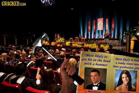 CRACKED.COM Most kely to get hit in the head Most lkely to hap with a hammer d snaks crawl into their graduation gote Mork Watrom Srreau