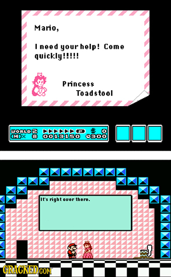 Mario, I need your help! Come quickly!!!!! Princess Toadstool MTORLD 8 th MDX & 0051310 BOO it's right over there. CRACKED GOM