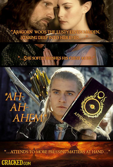 ARAGORN WOOS THE LUSTY ELVEN IMAIDEN, STARING DEEP INTO HER EYES.0 00 ..SHE SOFTLY BRUSHES HIS CHEST AS HE- *AH- AH APPendicre AHEM ..ATTENDS TO MOR