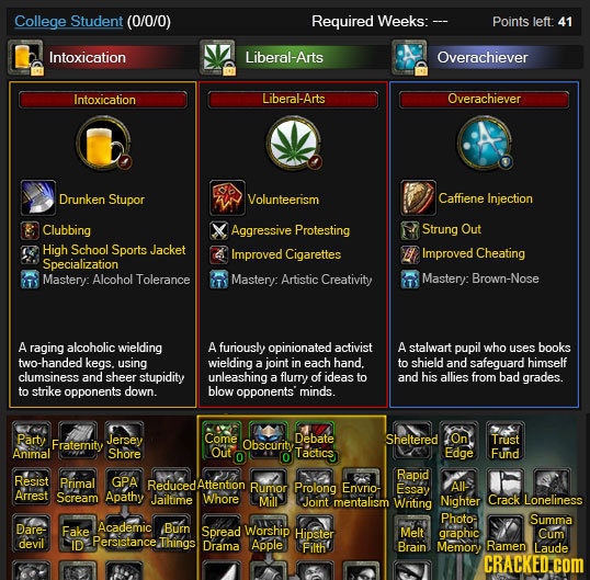 College Student (0/0/0) Required Weeks:- Points left: 41 Intoxication Liberal-Arts Overachiever Intoxication Liberal-Arts Overachiever Drunken Stupor