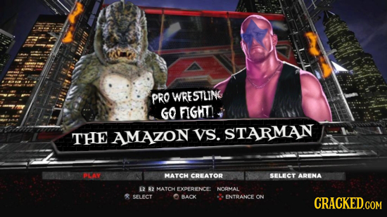 haifin PRO WRE STLING GO FIGHT VS. STARMAN THE AMAZON PLAY MATCH CREATOR SELECT ARENA LZ 8Z MATCH EXPERIENOE NORMAL SELECT AACK ENTRANCE ON CRACKED