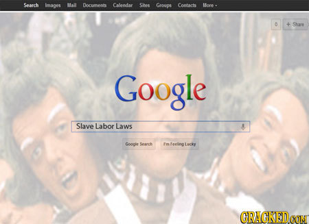 Seanch Images Mail Documeets Calendar Shes Groups Contacts More 0 Shar Google Slave Labor Laws Google Seanch I feeling lucky CRAGKEDCO