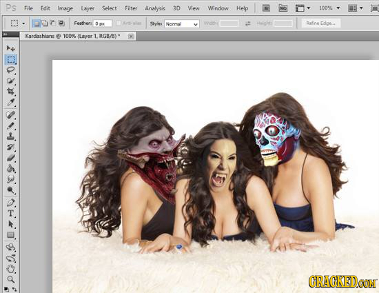Ps File Edit Image Layer Select Filter Analysis 3D View Window Help LMe 100% 970 Feathery 0me Syler Bafne Edgei. cO Nermal Kardashians @ 100% (Layer 1