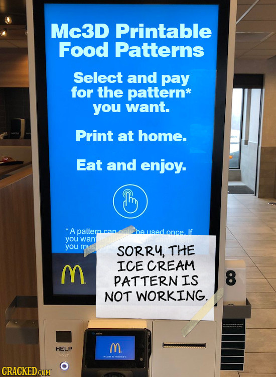 Mc3D Printable Food Patterns Select and pay for the pattern* you want. Print at home. Eat and enjoy. h A pattern can be used once If you wan you m SOR