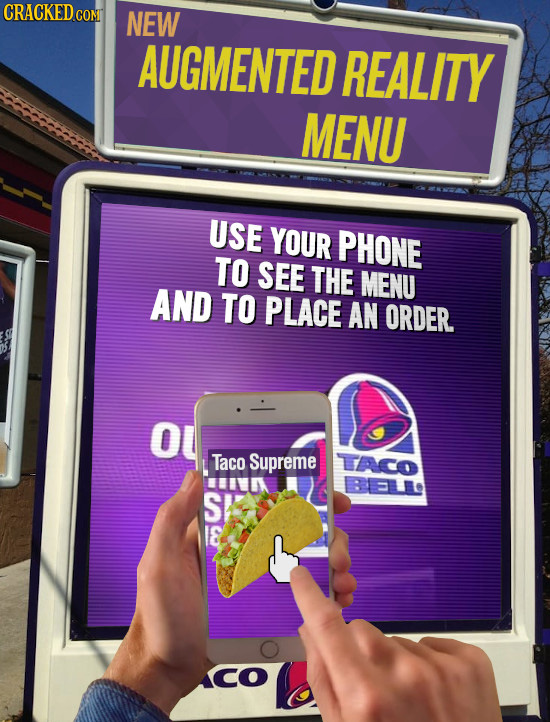 CRACKED cO NEW AUGMENTED REALITY MENU USE YOUR PHONE TO SEE THE MENU AND TO PLACE AN ORDER. Taco Supreme Aco BELO S I& ao