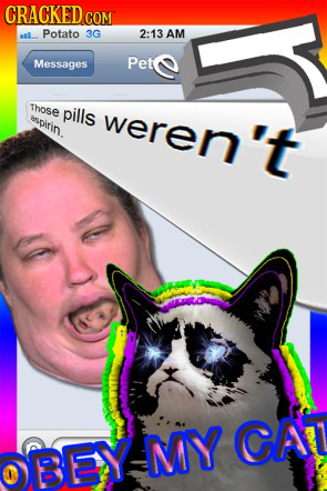 CRACKED COM Potato 3G 2:13 AM Messages Pete Those pills RSpirin weren't BEY IMY CAT