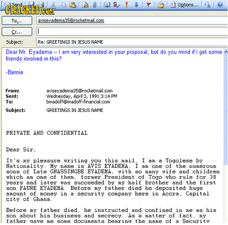 Options... GRAGKEDO COM To. aviseyadema35@rocketmal.com Cc... Subject: Re: GREETINGS IN JESUS NAME Dear Mr. Eyadema - am very interested in your propo