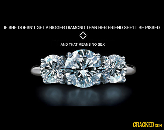IF SHE DOESN'T GET A BIGGER DIAMOND THAN HER FRIEND SHE'LL BE PISSED AND THAT MEANS NO SEX 