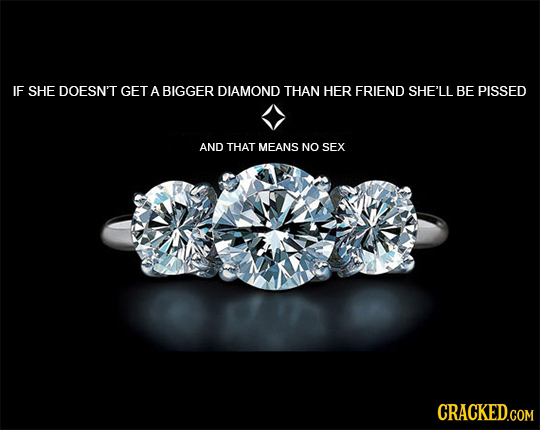IF SHE DOESN'T GET A BIGGER DIAMOND THAN HER FRIEND SHE'LL BE PISSED AND THAT MEANS NO SEX