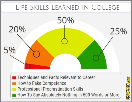 LIFE SKILLS LEARNED IN COLLEGE 50% 20% 25% 5% Techniques and Facts Relevant to Career How to Fake Competence Professional Procrastination Skills How T